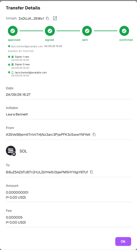 Transfer details for a SOL transfer, tracked from approval and signing to confirmation