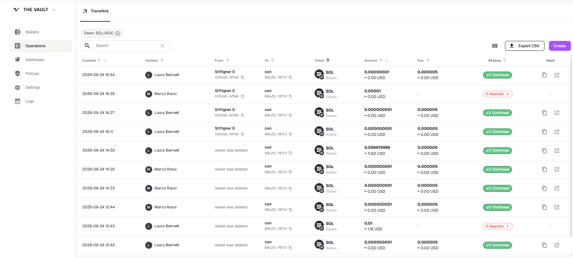 The operations list on The Vault showing Solana transfers with their approval status