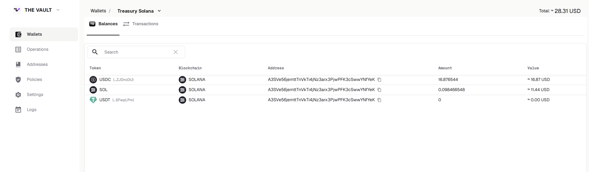 A Solana treasury wallet on The Vault showing USDC, SOL and USDT balances