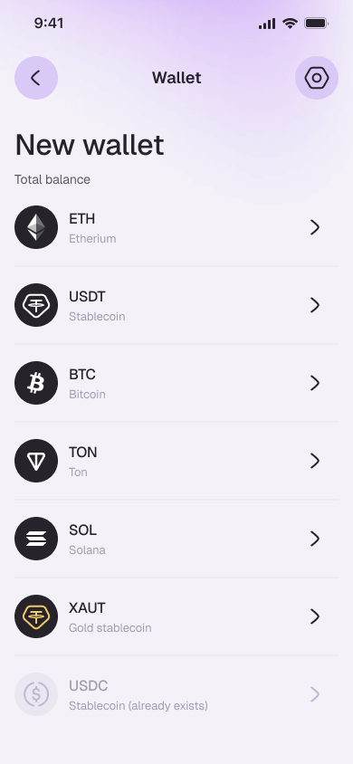 Opening a wallet for a new asset